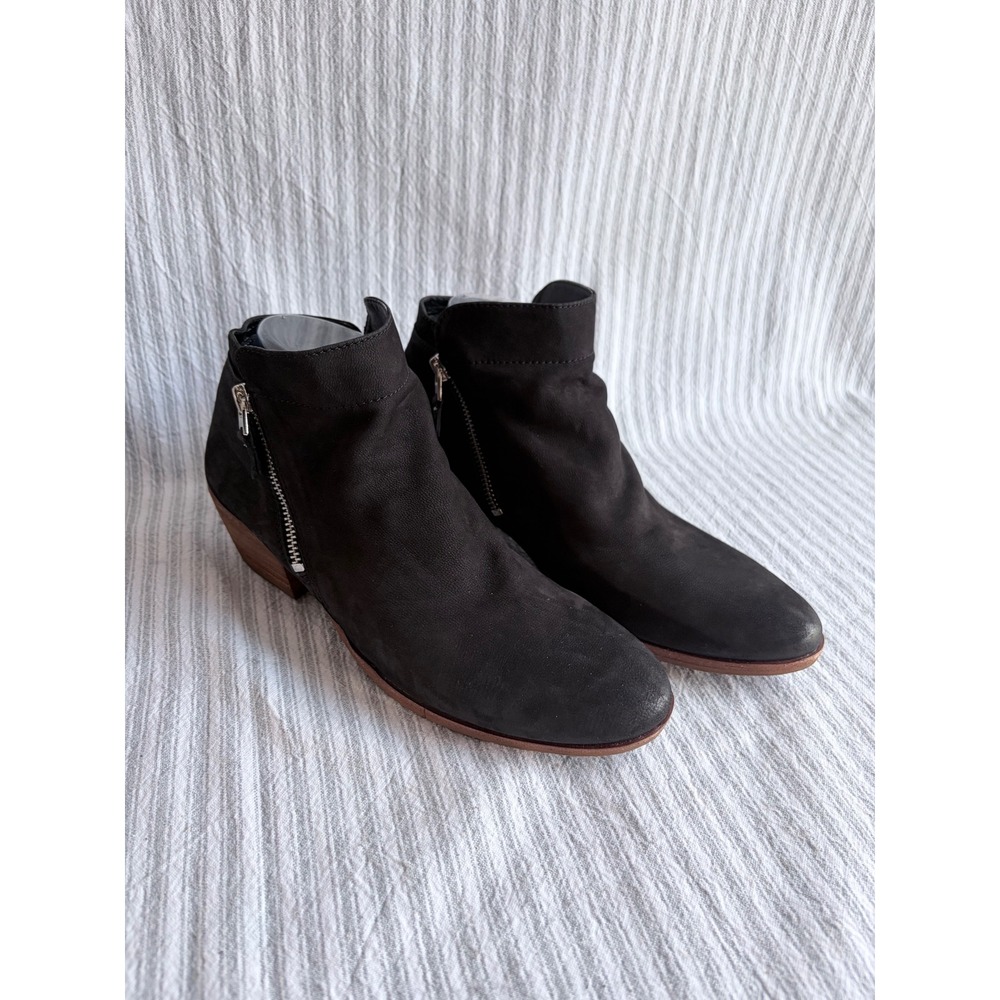Sam Edelman Packer Black Leather Ankle Boots Dual Zip Almond Toe Block‎ Heel 8M